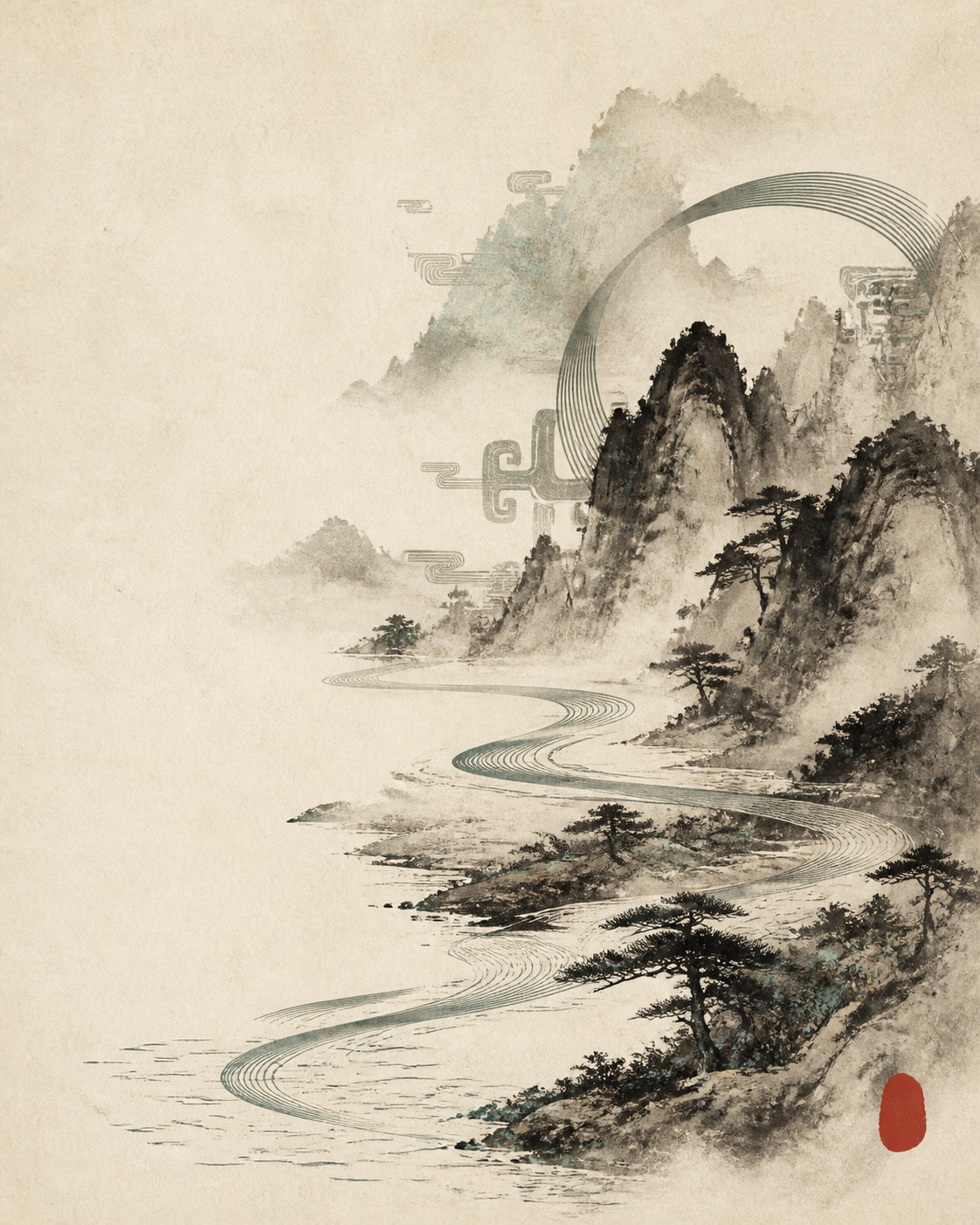 Ink landscape: a river winding out of the mist between pine ridges.