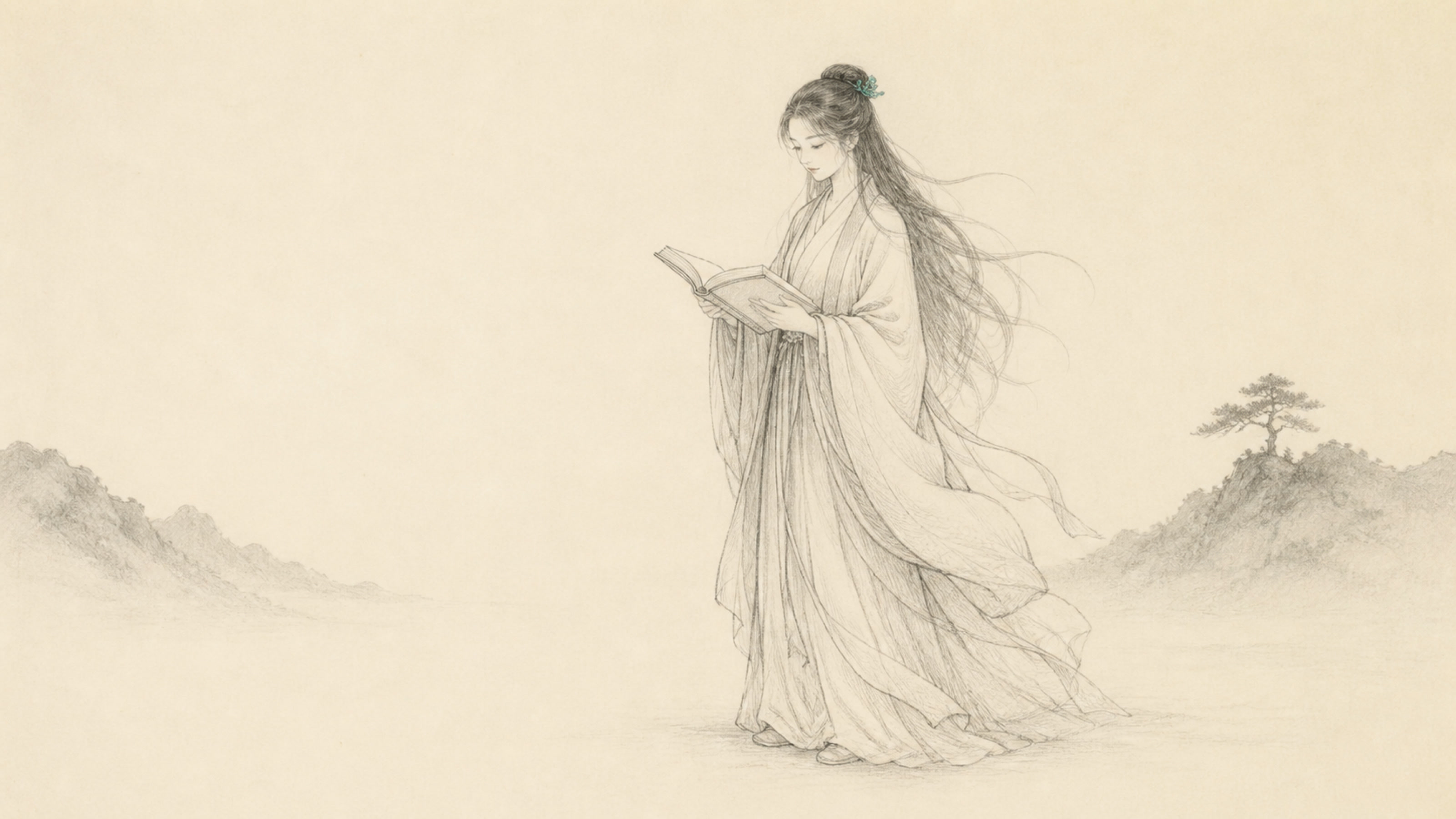 Pencil drawing of a reader holding an open book, far ink ridges low at both edges.