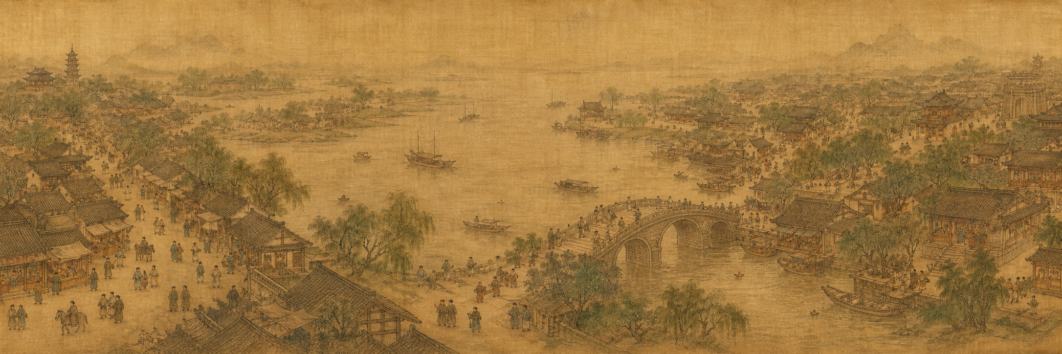 Sepia ink panorama of a riverside city with bridges, boats, streets, and distant mountains.